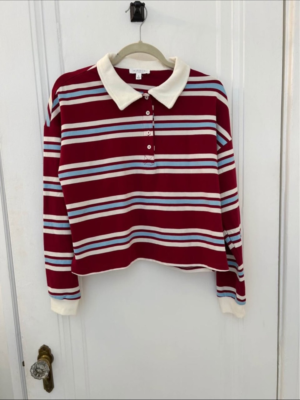 Striped Polo Long Sleeve Top - Burgundy, Light Blue & White